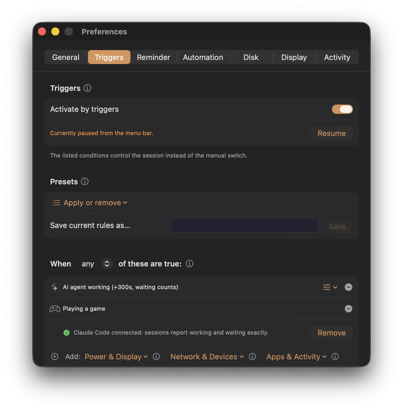 Click to enlarge Trigger preferences: activate on any of AI agent working, on AC power, playing a game, or CPU above 50 percent, with Claude Code connected and conditions grouped under Power & Display, Network & Devices, and Apps & Activity